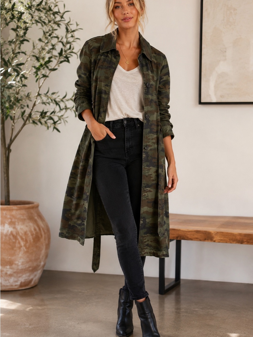 Sanctuary Camo Trench Coat Womens S Camouflage Belted Military Utility Duster